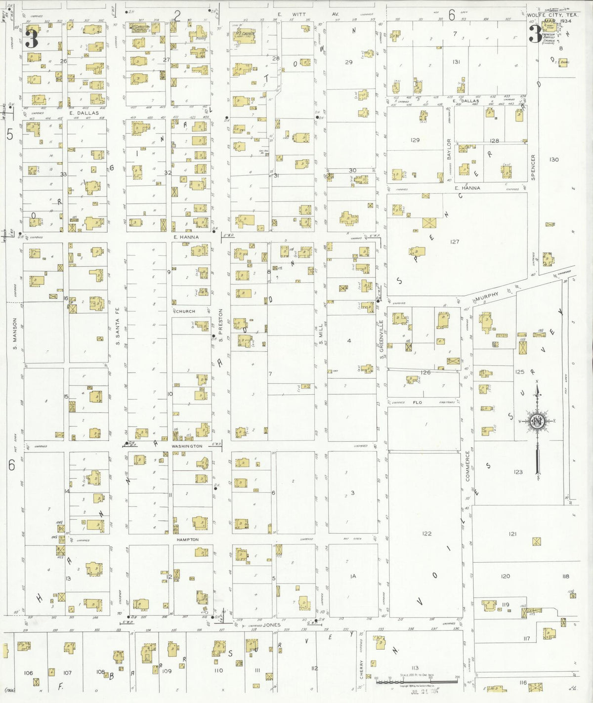 Sanborn Fire Insurance Map from Wolfe City, Hunt County, Texas (1934), Sheet #0003 - Complete Map Set gallery image, historic Sanborn map, vintage wall art, Texas Texas