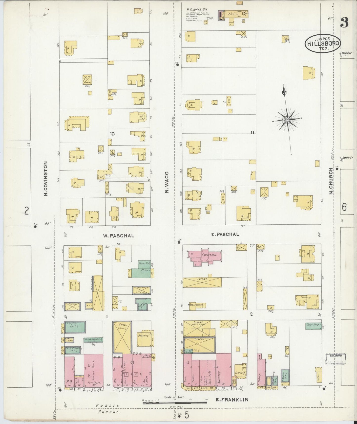 Sanborn Fire Insurance Map from Hillsboro, Hill County, Texas (1905), Sheet #0003 - Historic Sanborn Fire Insurance Map Print, vintage old map wall art, antique decor, genealogy gift, Texas Texas map