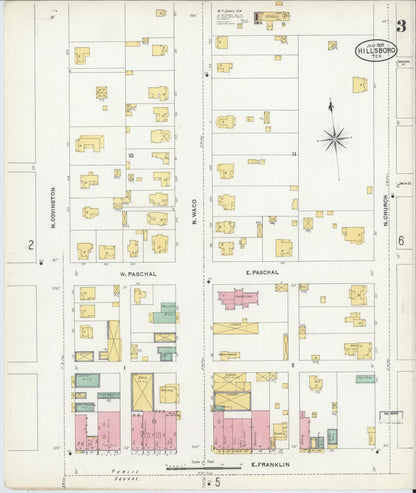 Sanborn Fire Insurance Map from Hillsboro, Hill County, Texas (1905), Sheet #0003 - Historic Sanborn Fire Insurance Map Print, vintage old map wall art, antique decor, genealogy gift, Texas Texas map