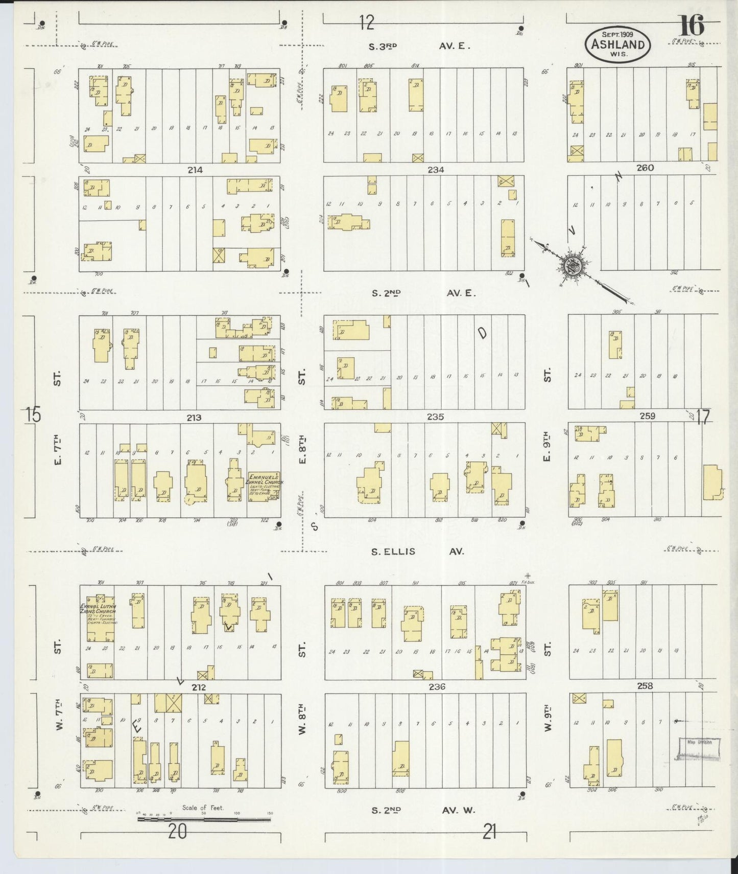 Sanborn Fire Insurance Map from Ashland, Ashland County, Wisconsin (1909), Sheet #0016 - Historic Sanborn Fire Insurance Map Print, vintage old map wall art, antique decor, genealogy gift, Wisconsin Wisconsin map