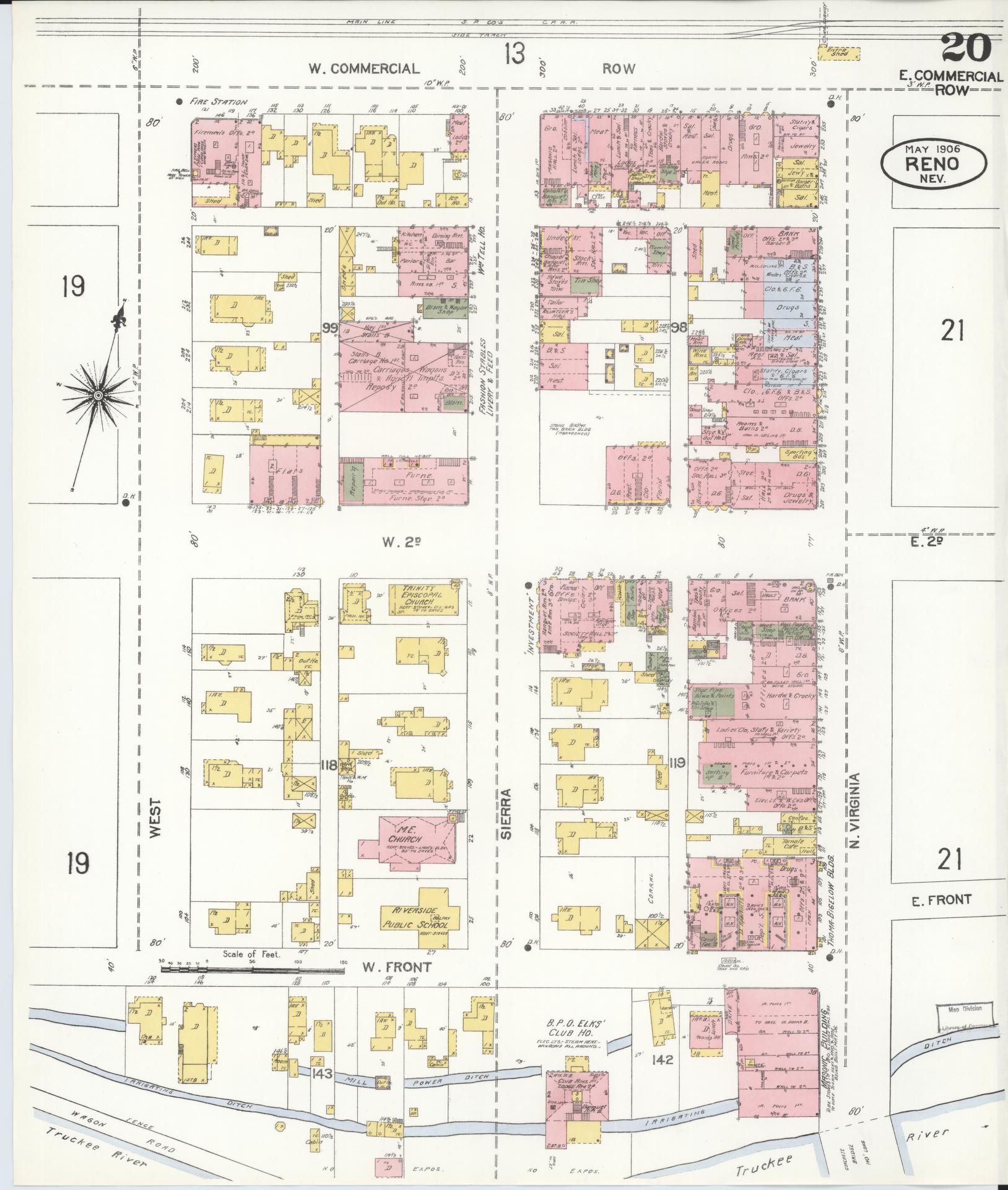 Sanborn Fire Insurance Map from Reno, Washoe County, Nevada (1906), Sheet #0020 - Complete Map Set gallery image, historic Sanborn map, vintage wall art, Nevada Nevada