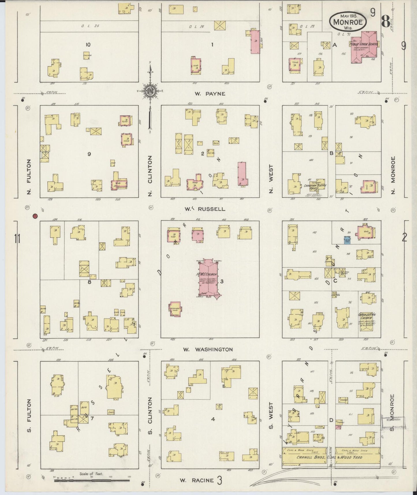 Sanborn Fire Insurance Map from Monroe, Green County, Wisconsin (1915), Sheet #0008 - Complete Map Set gallery image, historic Sanborn map, vintage wall art, Wisconsin Wisconsin