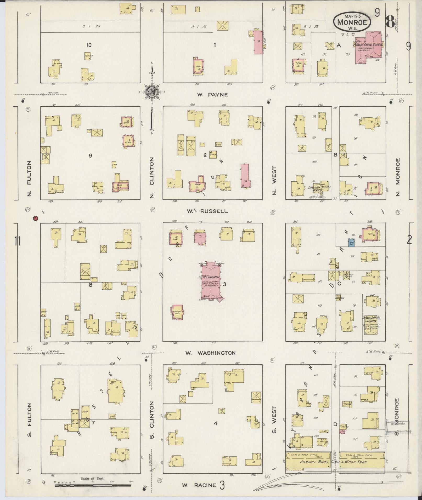 Sanborn Fire Insurance Map from Monroe, Green County, Wisconsin (1915), Sheet #0008 - Complete Map Set gallery image, historic Sanborn map, vintage wall art, Wisconsin Wisconsin