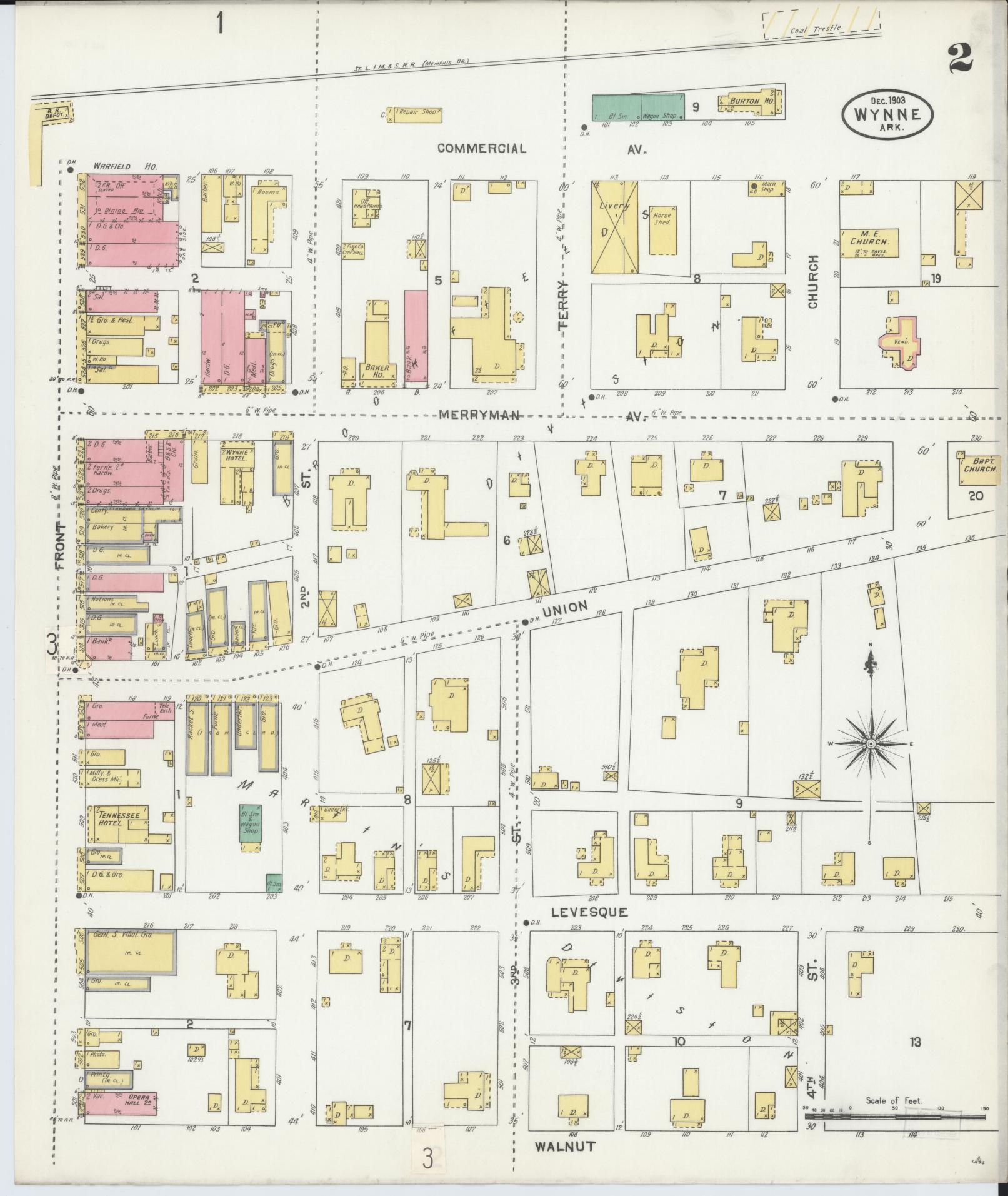Sanborn Fire Insurance Map from Wynne, Cross County, Arkansas (1903), Sheet #0002 - Historic Sanborn Fire Insurance Map Print, vintage old map wall art, antique decor, genealogy gift, Arkansas Arkansas map