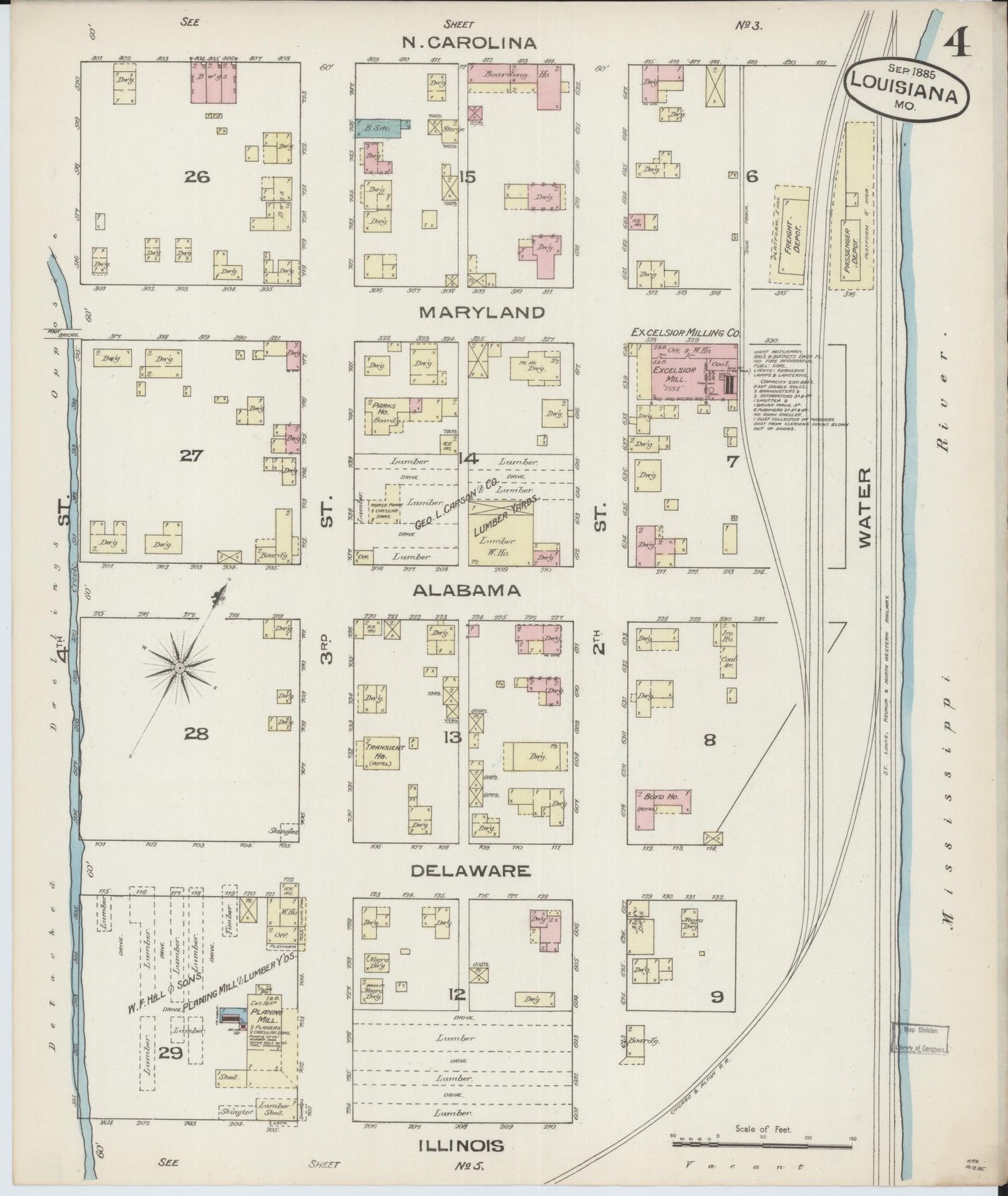 Sanborn Fire Insurance Map from Louisiana, Pike County, Missouri (1885), Sheet #0004 - Historic Sanborn Fire Insurance Map Print, vintage old map wall art, antique decor, genealogy gift, Missouri Missouri map