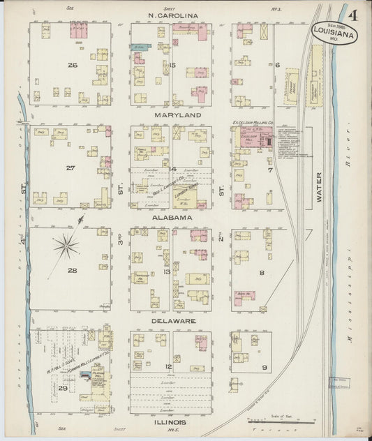 Sanborn Fire Insurance Map from Louisiana, Pike County, Missouri (1885), Sheet #0004 - Historic Sanborn Fire Insurance Map Print, vintage old map wall art, antique decor, genealogy gift, Missouri Missouri map