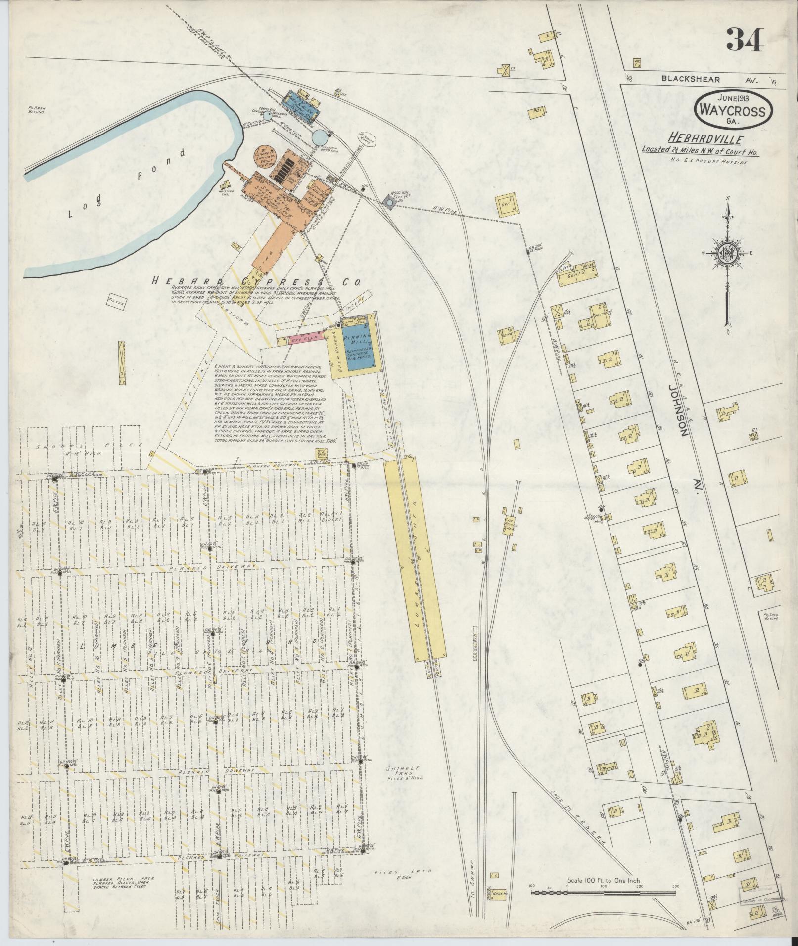 Sanborn Fire Insurance Map from Waycross, Ware County, Georgia (1913), Sheet #0034 - Historic Sanborn Fire Insurance Map Print, vintage old map wall art, antique decor, genealogy gift, Georgia Georgia map