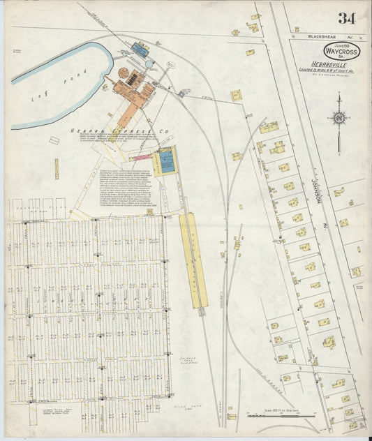 Sanborn Fire Insurance Map from Waycross, Ware County, Georgia (1913), Sheet #0034 - Historic Sanborn Fire Insurance Map Print, vintage old map wall art, antique decor, genealogy gift, Georgia Georgia map