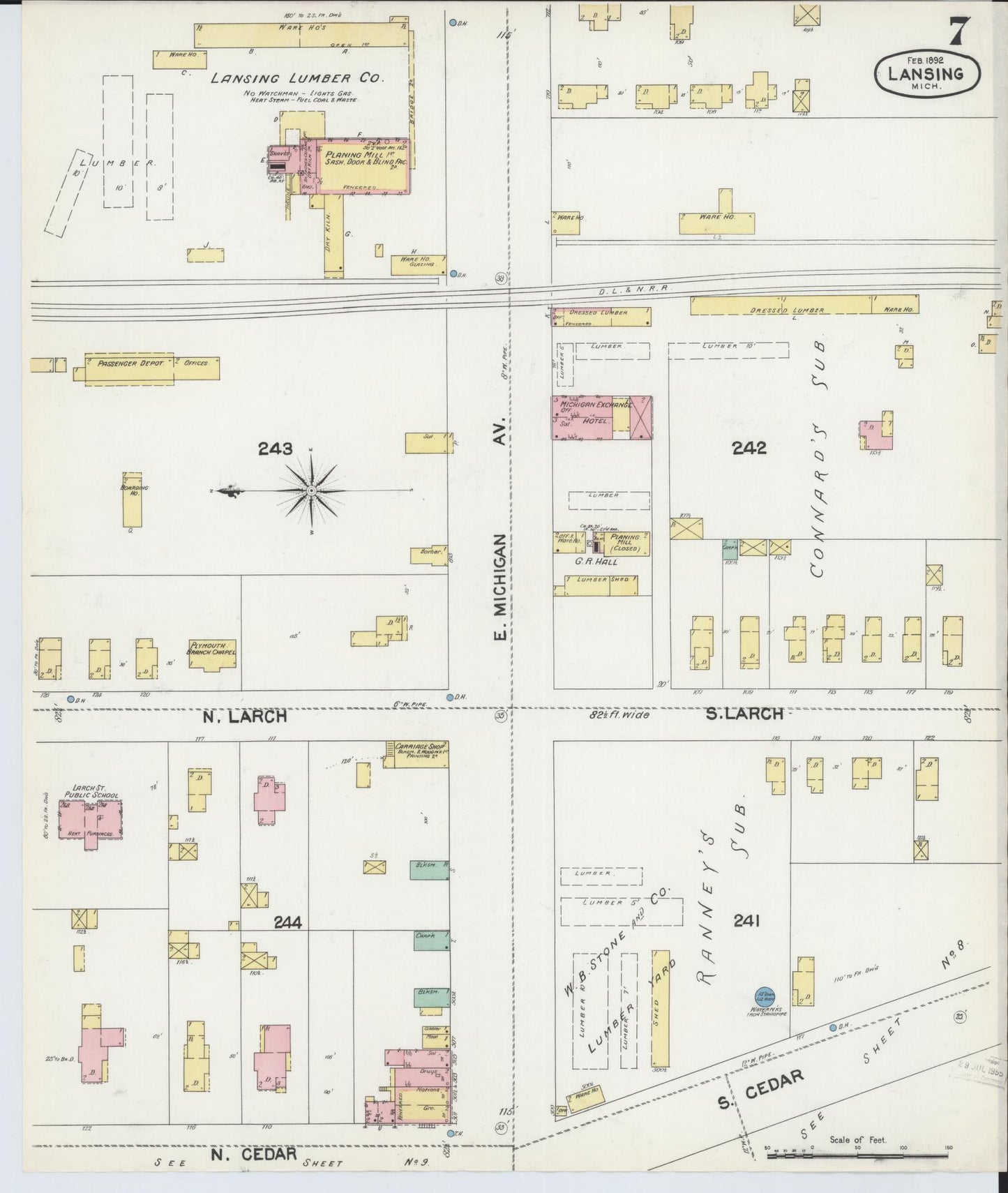 Sanborn Fire Insurance Map from Lansing, Ingham County, Michigan (1892), Sheet #0007 - Complete Map Set gallery image, historic Sanborn map, vintage wall art, Michigan Michigan