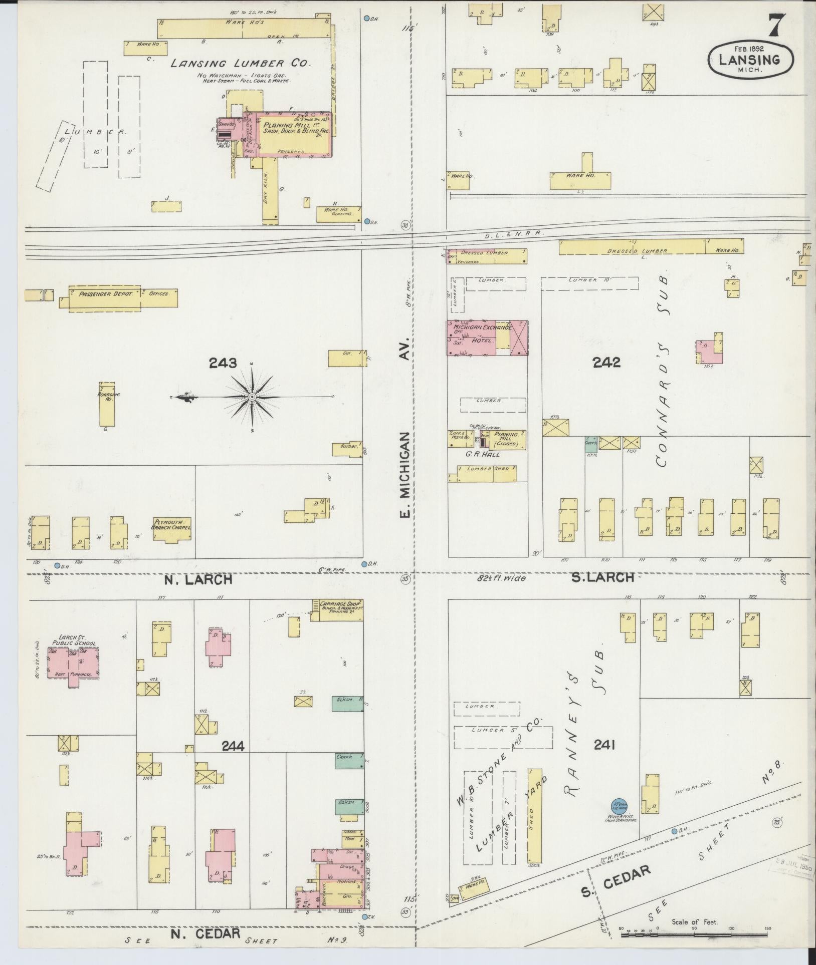 Sanborn Fire Insurance Map from Lansing, Ingham County, Michigan (1892), Sheet #0007 - Complete Map Set gallery image, historic Sanborn map, vintage wall art, Michigan Michigan