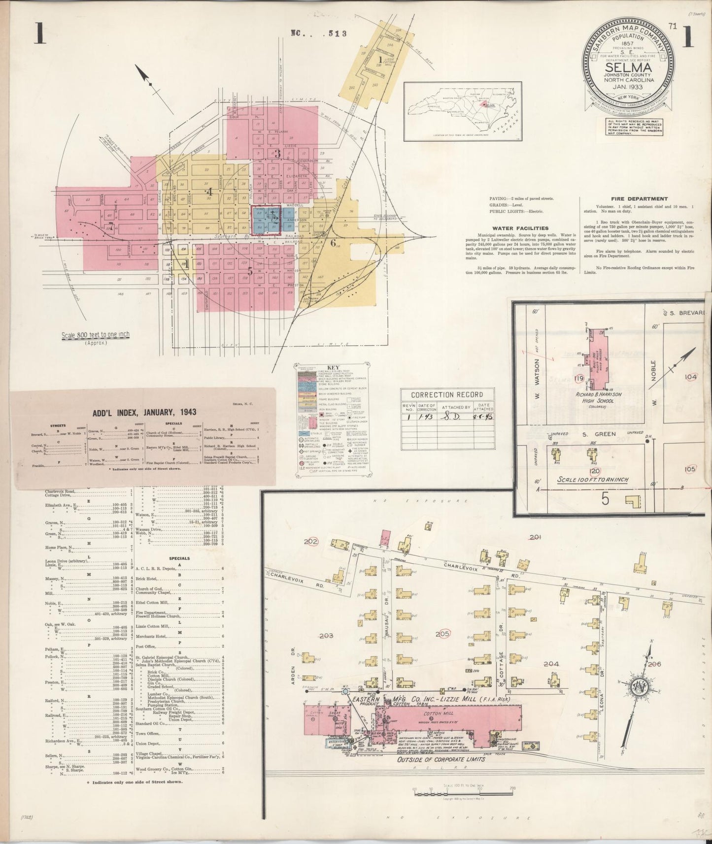 Sanborn Fire Insurance Map from Selma, Johnston County, North Carolina (1943), Sheet #0001 - Historic Sanborn Fire Insurance Map Print, vintage old map wall art, antique decor, genealogy gift, North Carolina North Carolina map