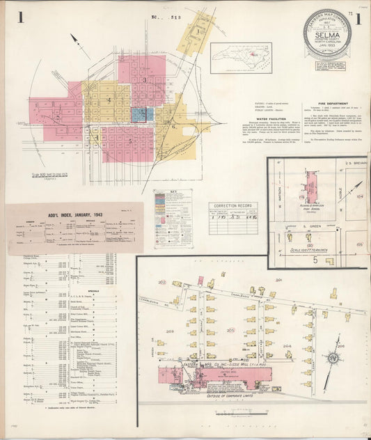 Sanborn Fire Insurance Map from Selma, Johnston County, North Carolina (1943), Sheet #0001 - Historic Sanborn Fire Insurance Map Print, vintage old map wall art, antique decor, genealogy gift, North Carolina North Carolina map