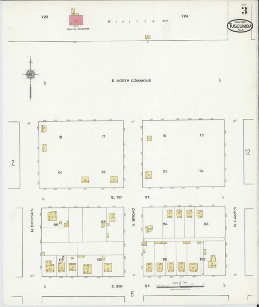 Sanborn Fire Insurance Map from Tuscumbia, Colbert County, Alabama (1921), Sheet #0003 - Historic Sanborn Fire Insurance Map Print, vintage old map wall art, antique decor, genealogy gift, Alabama Alabama map