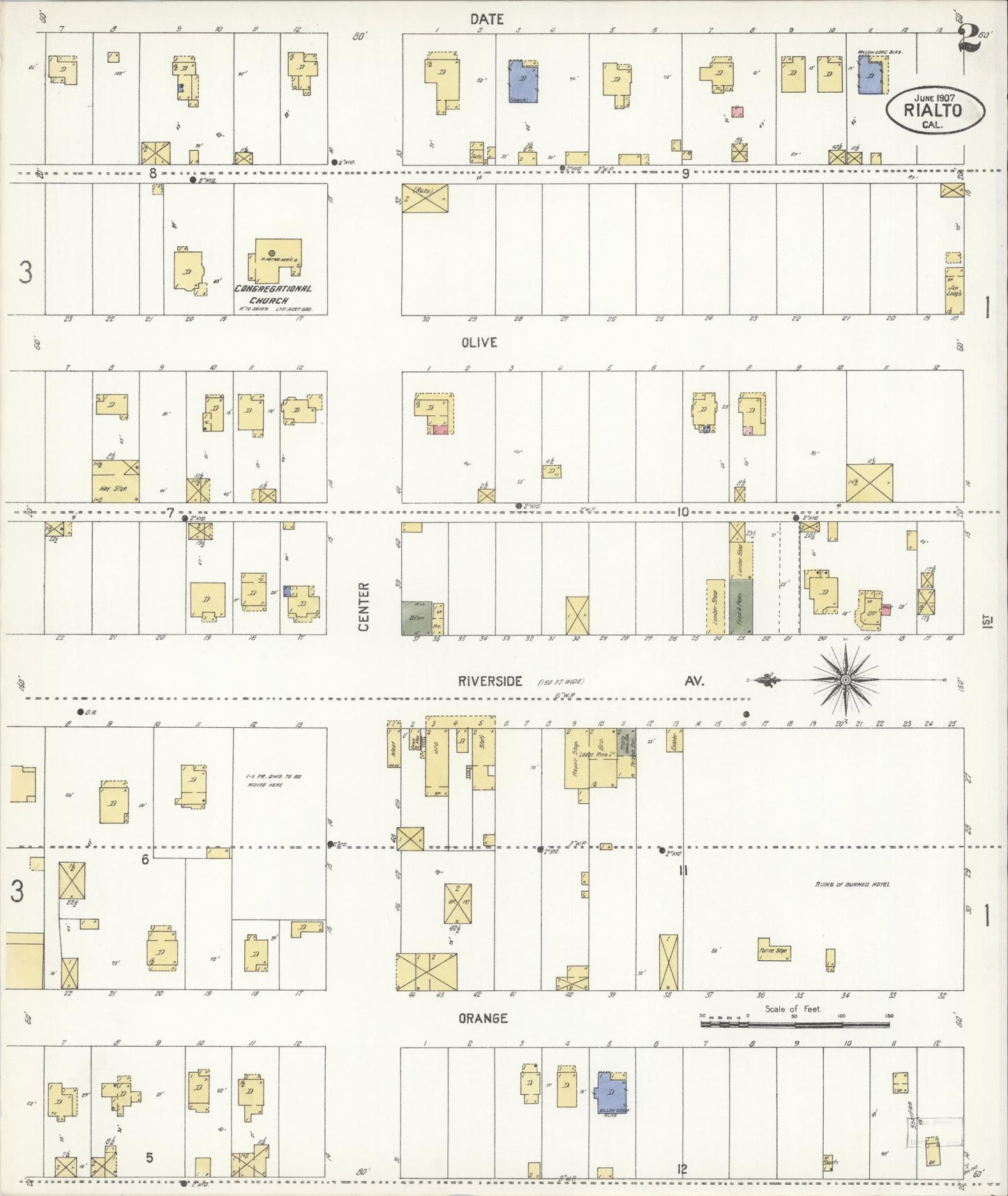 Sanborn Fire Insurance Map from Rialto, San Bernardino County, California (1907), Sheet #0002 - Complete Map Set gallery image, historic Sanborn map, vintage wall art, California California