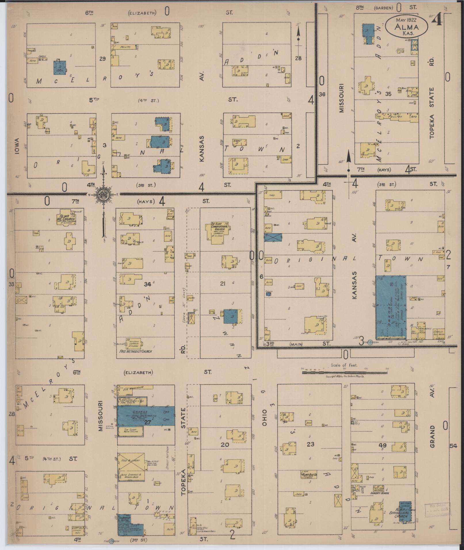 Sanborn Fire Insurance Map from Alma, Wabaunsee County, Kansas (1922), Sheet #0004 - Complete Map Set gallery image, historic Sanborn map, vintage wall art, Kansas Kansas