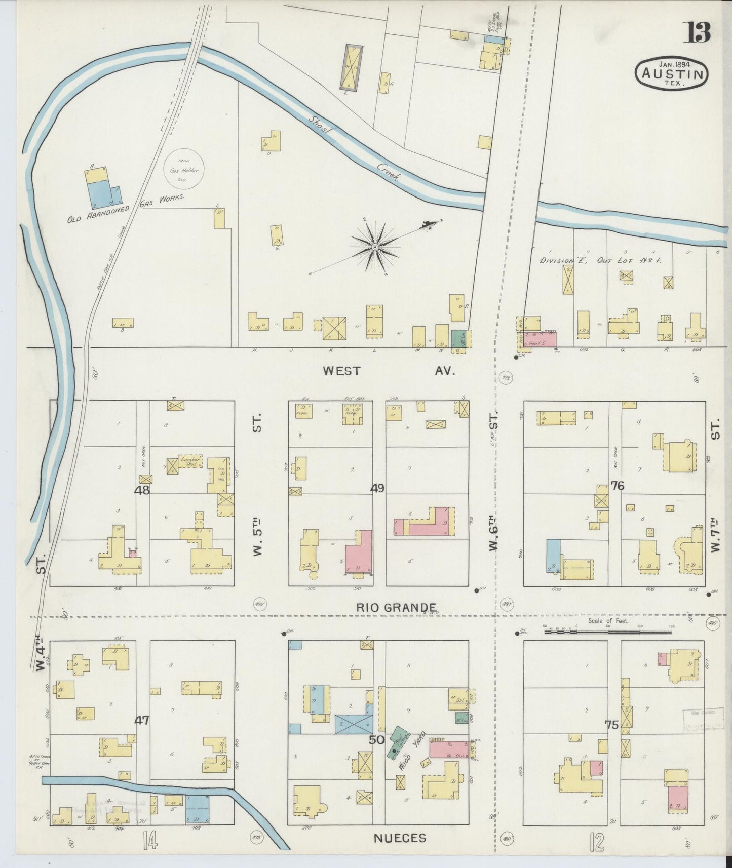 Sanborn Fire Insurance Map from Austin, Travis County, Texas (1894), Sheet #0013 - Historic Sanborn Fire Insurance Map Print, vintage old map wall art, antique decor, genealogy gift, Texas Texas map