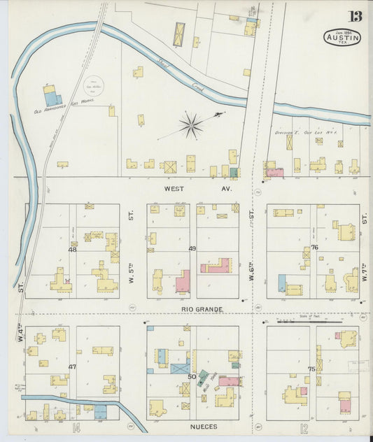 Sanborn Fire Insurance Map from Austin, Travis County, Texas (1894), Sheet #0013 - Historic Sanborn Fire Insurance Map Print, vintage old map wall art, antique decor, genealogy gift, Texas Texas map