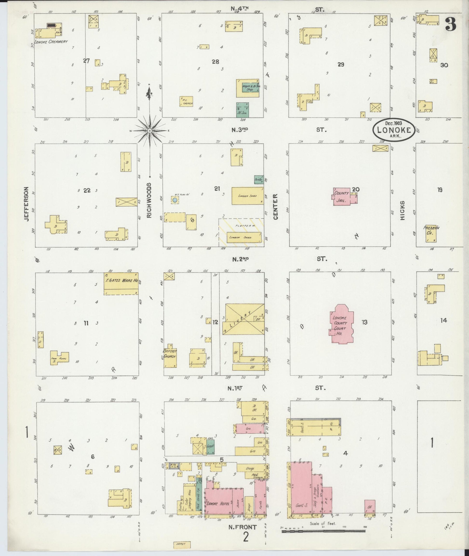 Sanborn Fire Insurance Map from Lonoke, Lonoke County, Arkansas (1903), Sheet #0003 - Historic Sanborn Fire Insurance Map Print, vintage old map wall art, antique decor, genealogy gift, Arkansas Arkansas map