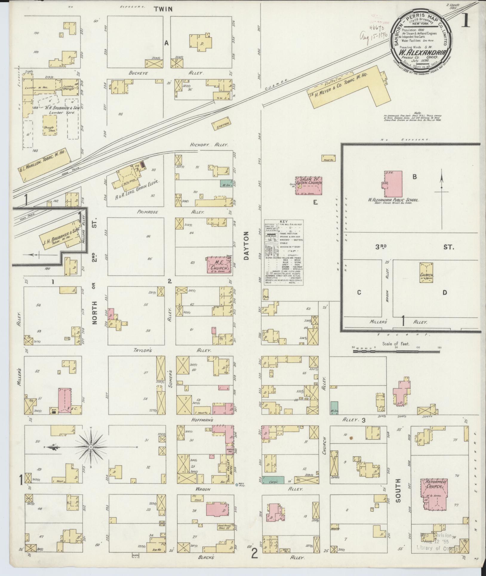 Sanborn Fire Insurance Map from West Alexandria, Preble County, Ohio (1896), Sheet #0001 - Historic Sanborn Fire Insurance Map Print, vintage old map wall art, antique decor, genealogy gift, Ohio Ohio map