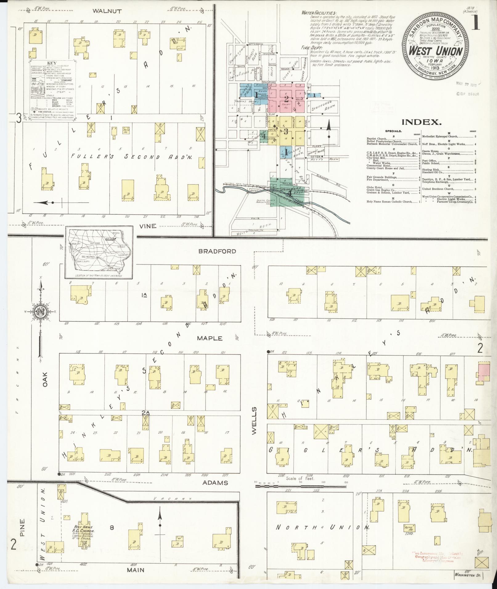 Sanborn Fire Insurance Map from West Union, Fayette County, Iowa (1913), Sheet #0001 - Historic Sanborn Fire Insurance Map Print