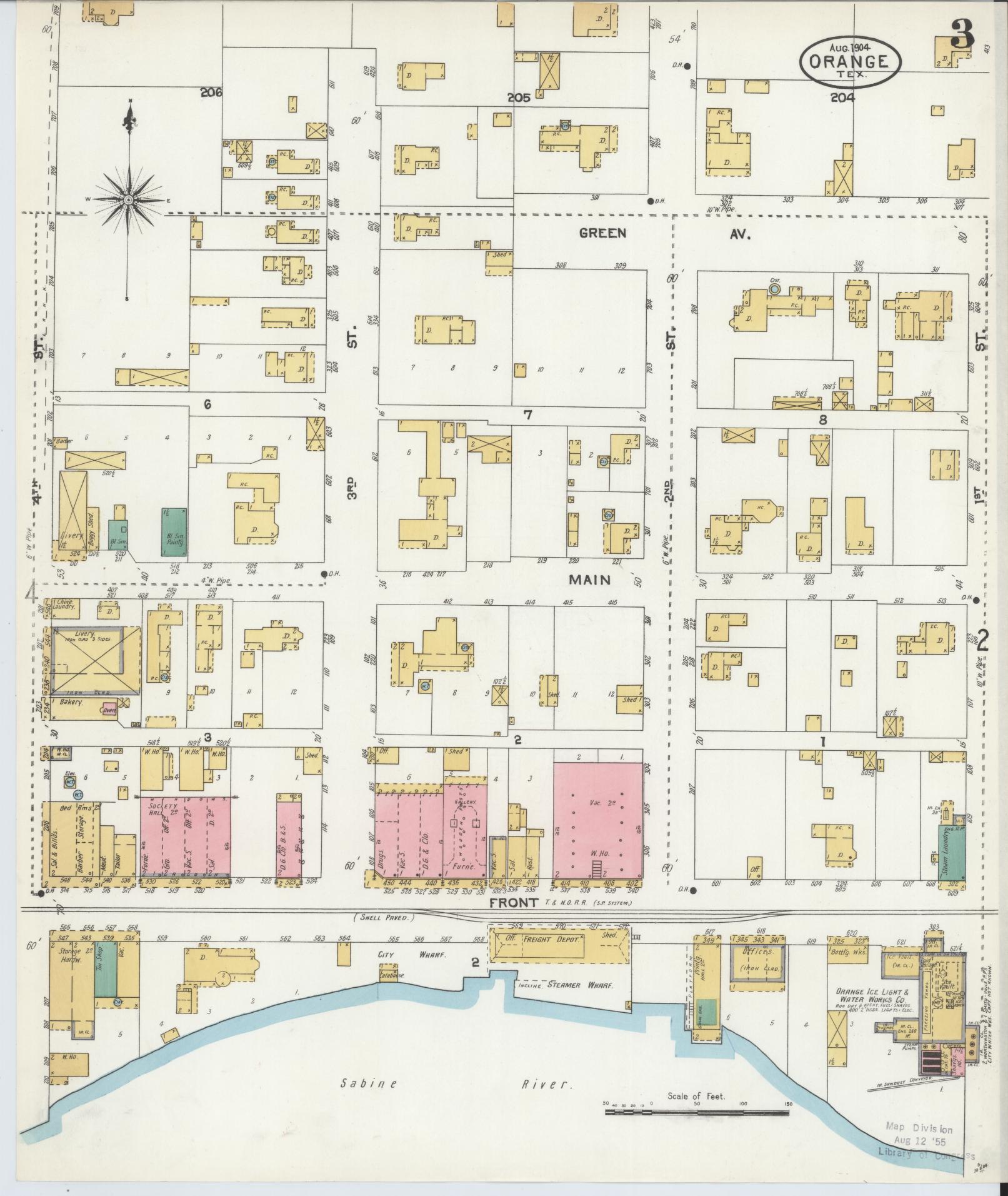 Sanborn Fire Insurance Map from Orange, Orange County, Texas (1904), Sheet #0003 - Historic Sanborn Fire Insurance Map Print, vintage old map wall art, antique decor, genealogy gift, Texas Texas map