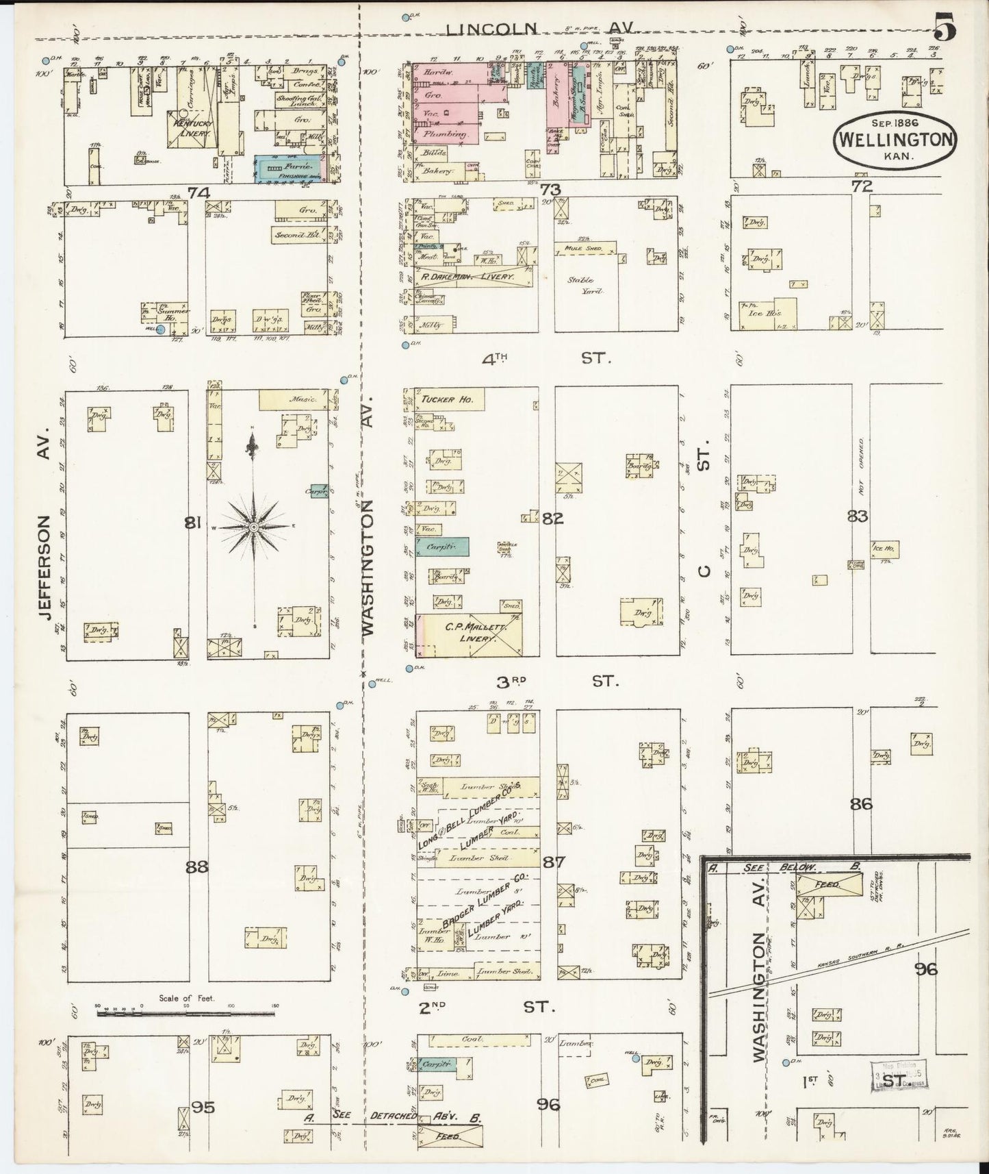 Sanborn Fire Insurance Map from Wellington, Sumner County, Kansas (1886), Sheet #0005 - Complete Map Set gallery image, historic Sanborn map, vintage wall art, Kansas Kansas