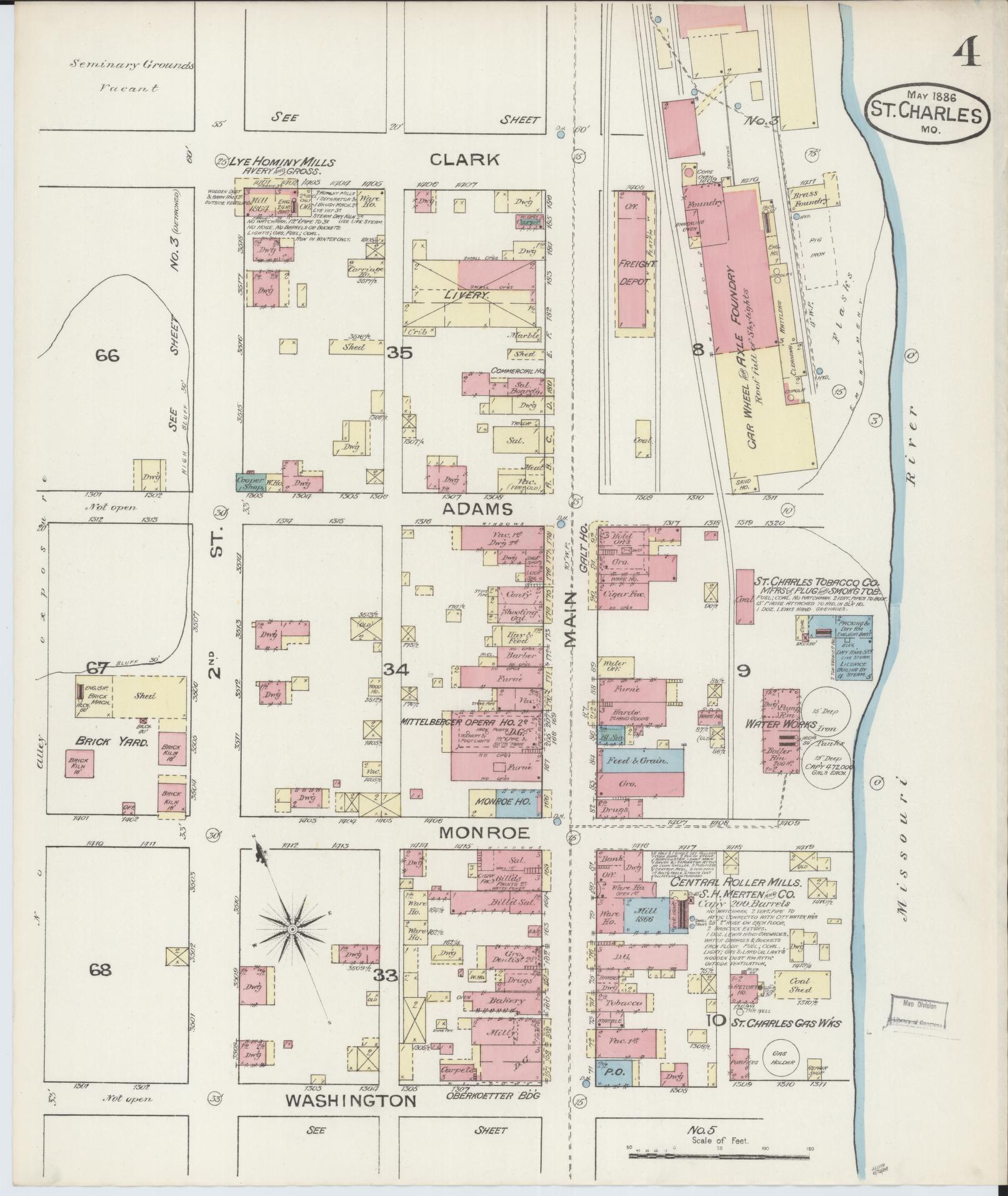 Sanborn Fire Insurance Map from Saint Charles, Saint Charles County, Missouri (1886), Sheet #0004 - Historic Sanborn Fire Insurance Map Print, vintage old map wall art, antique decor, genealogy gift, Missouri Missouri map
