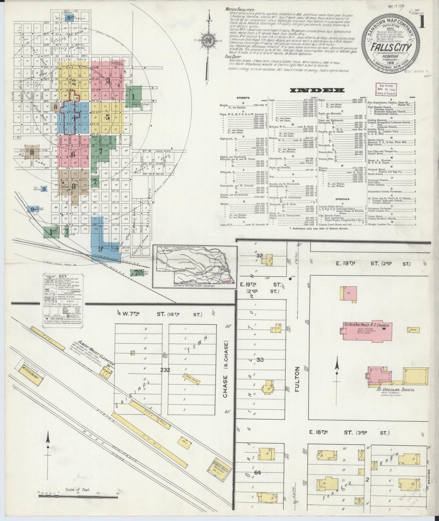 Sanborn Fire Insurance Map from Falls City, Richardson County, Nebraska (1916), Sheet #0001 - Historic Sanborn Fire Insurance Map Print, vintage old map wall art, antique decor, genealogy gift, Nebraska Nebraska map