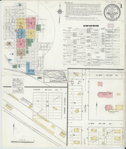 Sanborn Fire Insurance Map from Falls City, Richardson County, Nebraska (1916), Sheet #0001 - Historic Sanborn Fire Insurance Map Print, vintage old map wall art, antique decor, genealogy gift, Nebraska Nebraska map