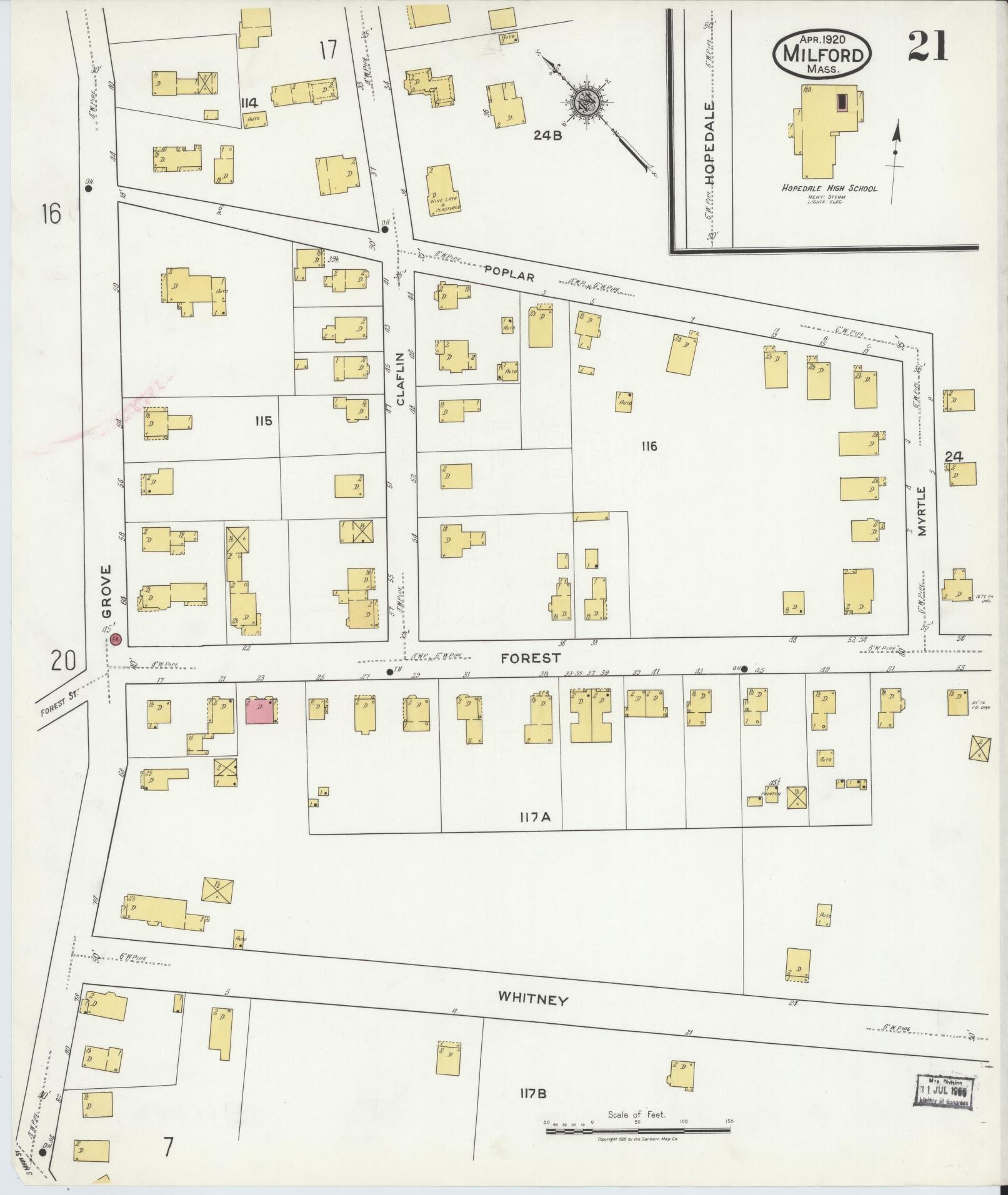 Sanborn Fire Insurance Map from Milford, Worcester County, Massachusetts (1920), Sheet #0021 - Historic Sanborn Fire Insurance Map Print, vintage old map wall art, antique decor, genealogy gift, Massachusetts Massachusetts map
