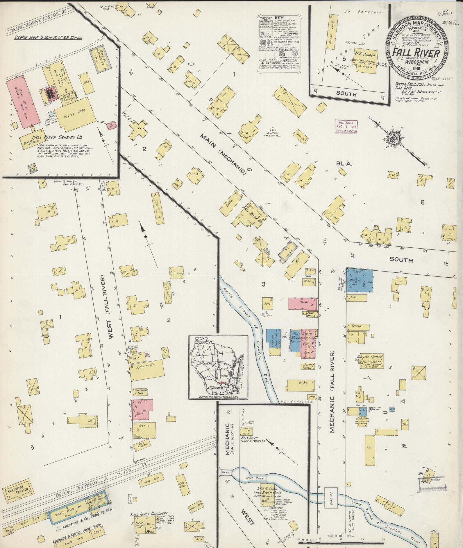 Sanborn Fire Insurance Map from Fall River, Columbia County, Wisconsin (1915), Sheet #0001 - Historic Sanborn Fire Insurance Map Print, vintage old map wall art, antique decor, genealogy gift, Wisconsin Wisconsin map