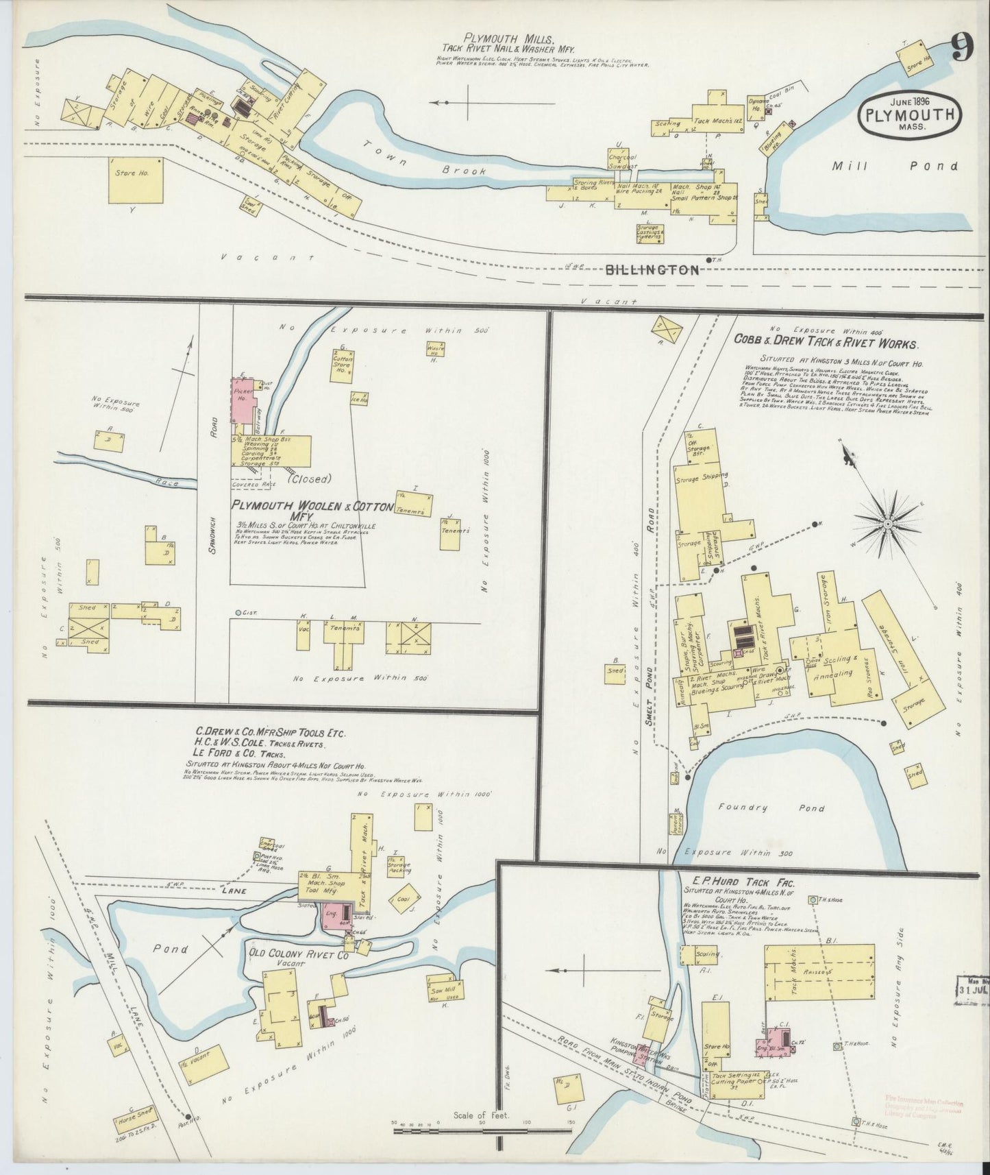 Sanborn Fire Insurance Map from Plymouth, Plymouth County, Massachusetts (1896), Sheet #0009 - Historic Sanborn Fire Insurance Map Print, vintage old map wall art, antique decor, genealogy gift, Massachusetts Massachusetts map