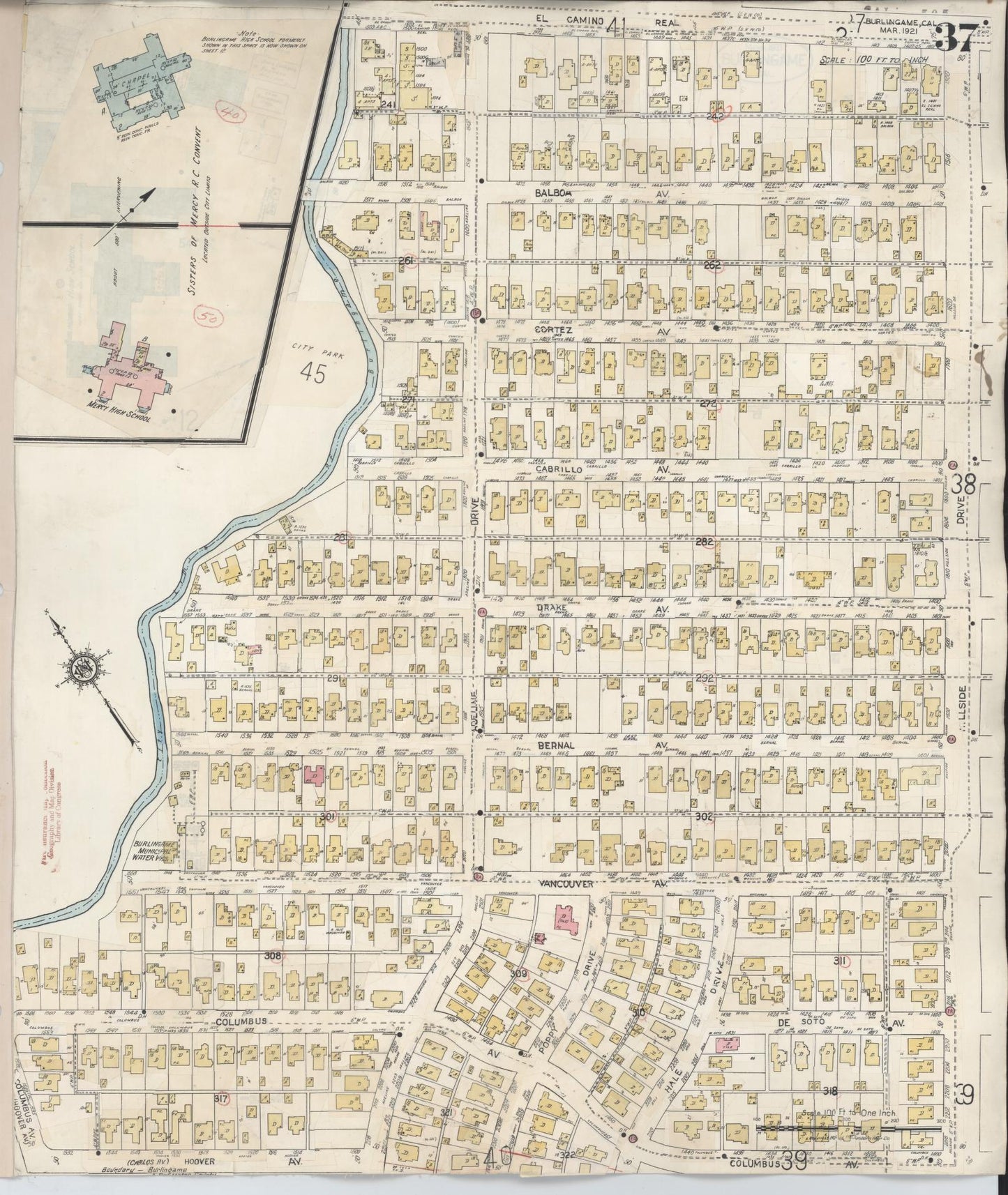 Sanborn Fire Insurance Map from Burlingame, San Mateo County, California (1949), Sheet #0037 - Complete Map Set gallery image, historic Sanborn map, vintage wall art, California California