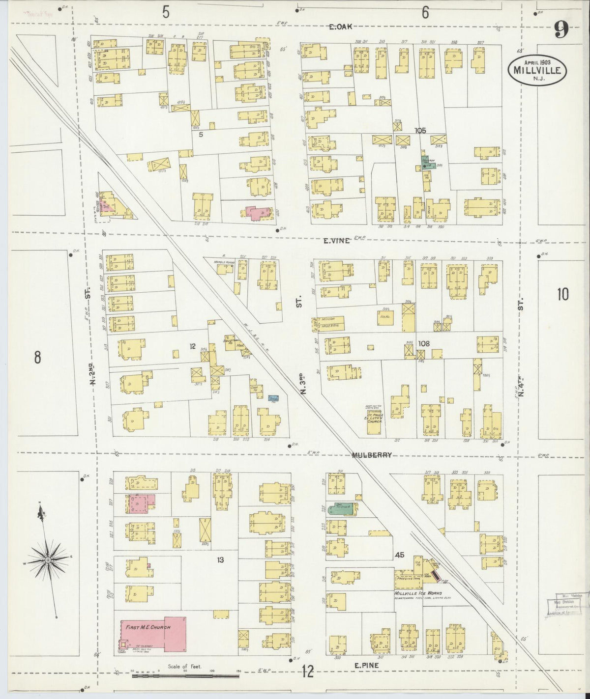 Sanborn Fire Insurance Map from Millville, Cumberland County, New Jersey (1903), Sheet #0009 - Historic Sanborn Fire Insurance Map Print, vintage old map wall art, antique decor, genealogy gift, New Jersey New Jersey map
