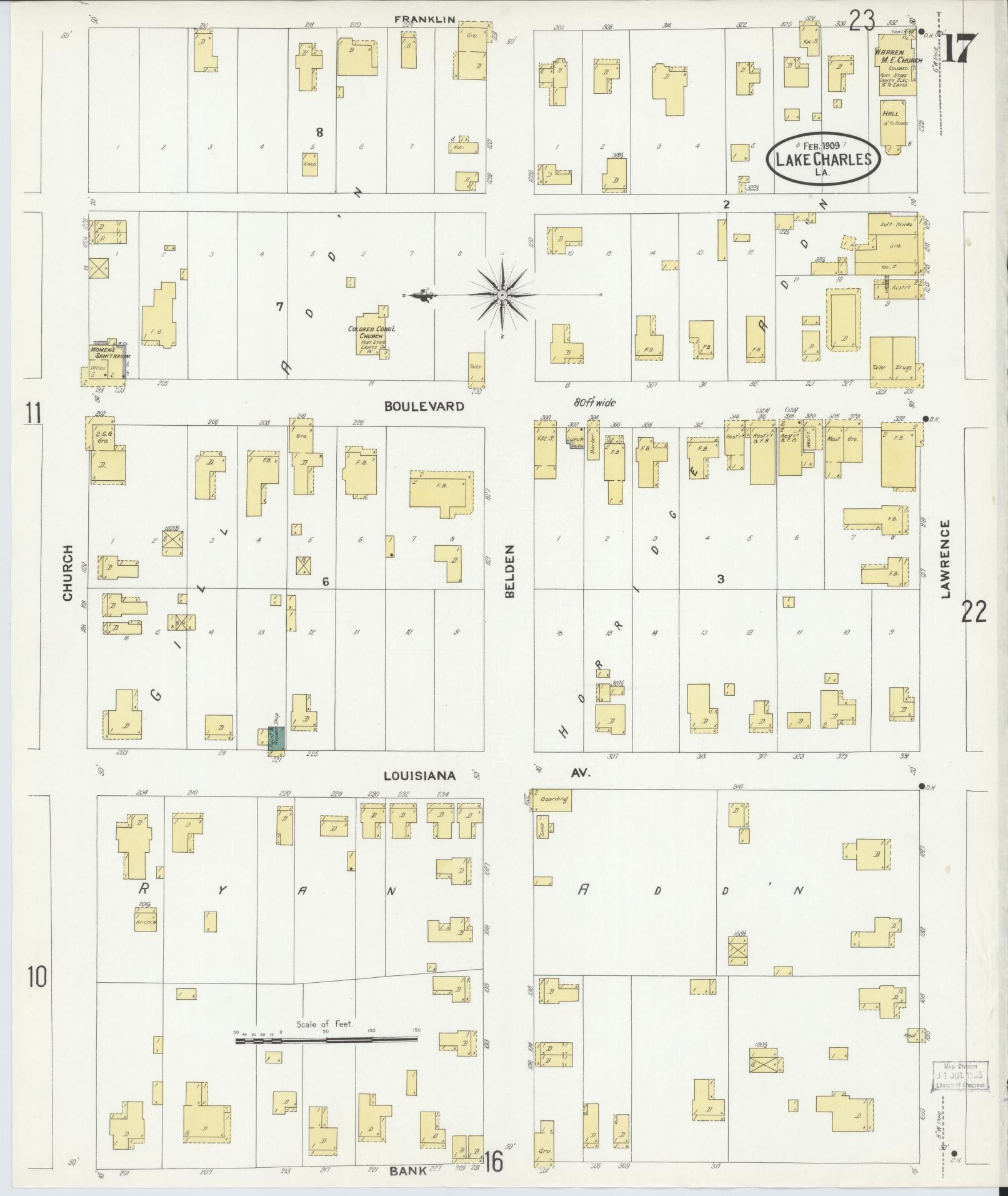 Sanborn Fire Insurance Map from Lake Charles, Calcasieu Parish, Louisiana (1909), Sheet #0017 - Complete Map Set gallery image, historic Sanborn map, vintage wall art, Louisiana Louisiana