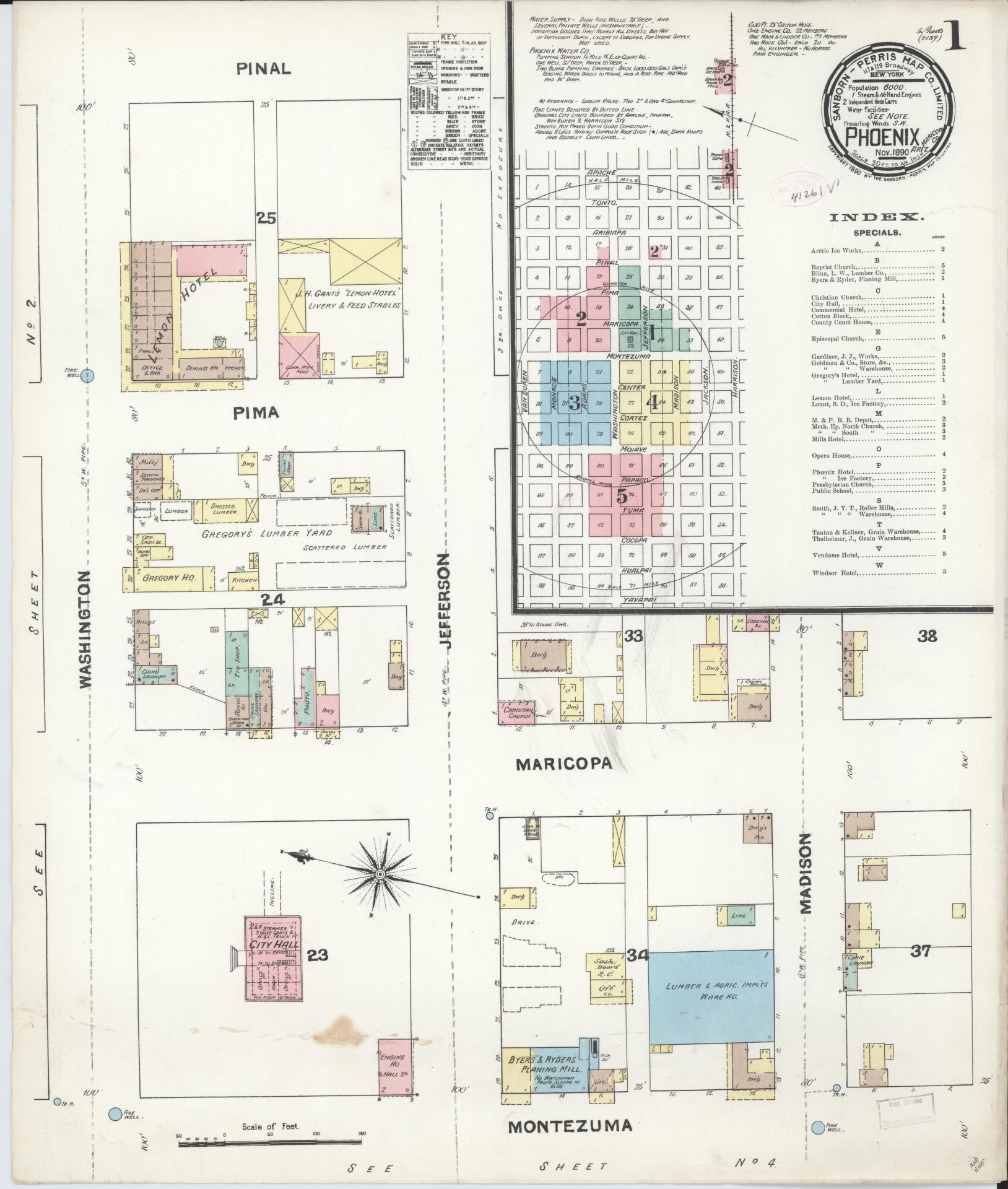 Sanborn Fire Insurance Map from Phoenix, Maricopa County, Arizona (1890), Sheet #0001 - Complete Map Set gallery image, historic Sanborn map, vintage wall art, Arizona Arizona