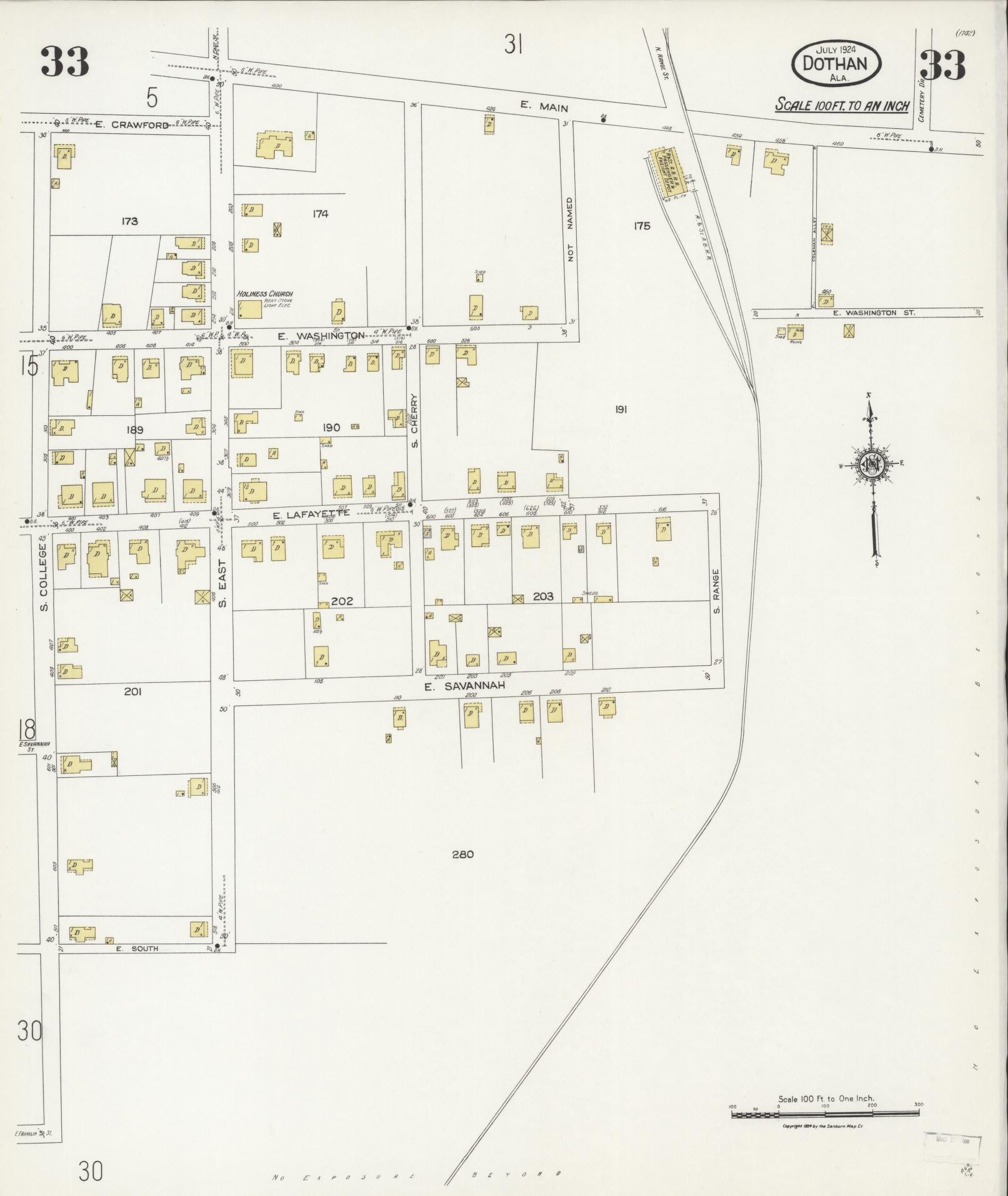 Sanborn Fire Insurance Map from Dothan, Houston County, Alabama (1924), Sheet #0033 - Historic Sanborn Fire Insurance Map Print, vintage old map wall art, antique decor, genealogy gift, Alabama Alabama map