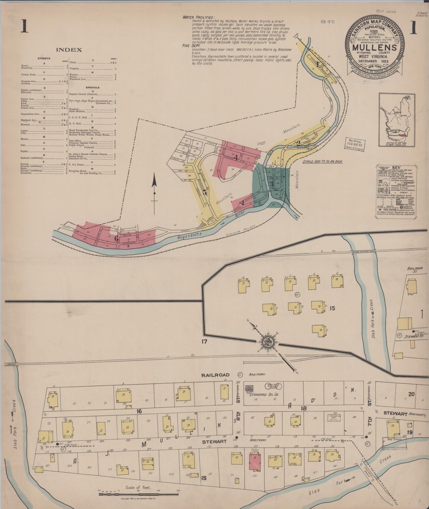 Sanborn Fire Insurance Map from Mullens, Wyoming County, West Virginia (1922), Sheet #0001 - Historic Sanborn Fire Insurance Map Print, vintage old map wall art, antique decor, genealogy gift, West Virginia West Virginia map