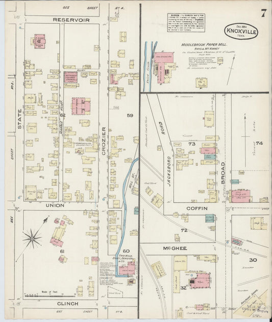 Sanborn Fire Insurance Map from Knoxville, Knox County, Tennessee (1884), Sheet #0007 - Historic Sanborn Fire Insurance Map Print, vintage old map wall art, antique decor, genealogy gift, Tennessee Tennessee map