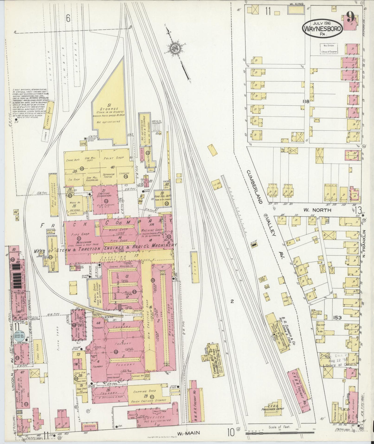 Sanborn Fire Insurance Map from Waynesboro, Franklin County, Pennsylvania (1916), Sheet #0009 - Historic Sanborn Fire Insurance Map Print, vintage old map wall art, antique decor, genealogy gift, Pennsylvania Pennsylvania map