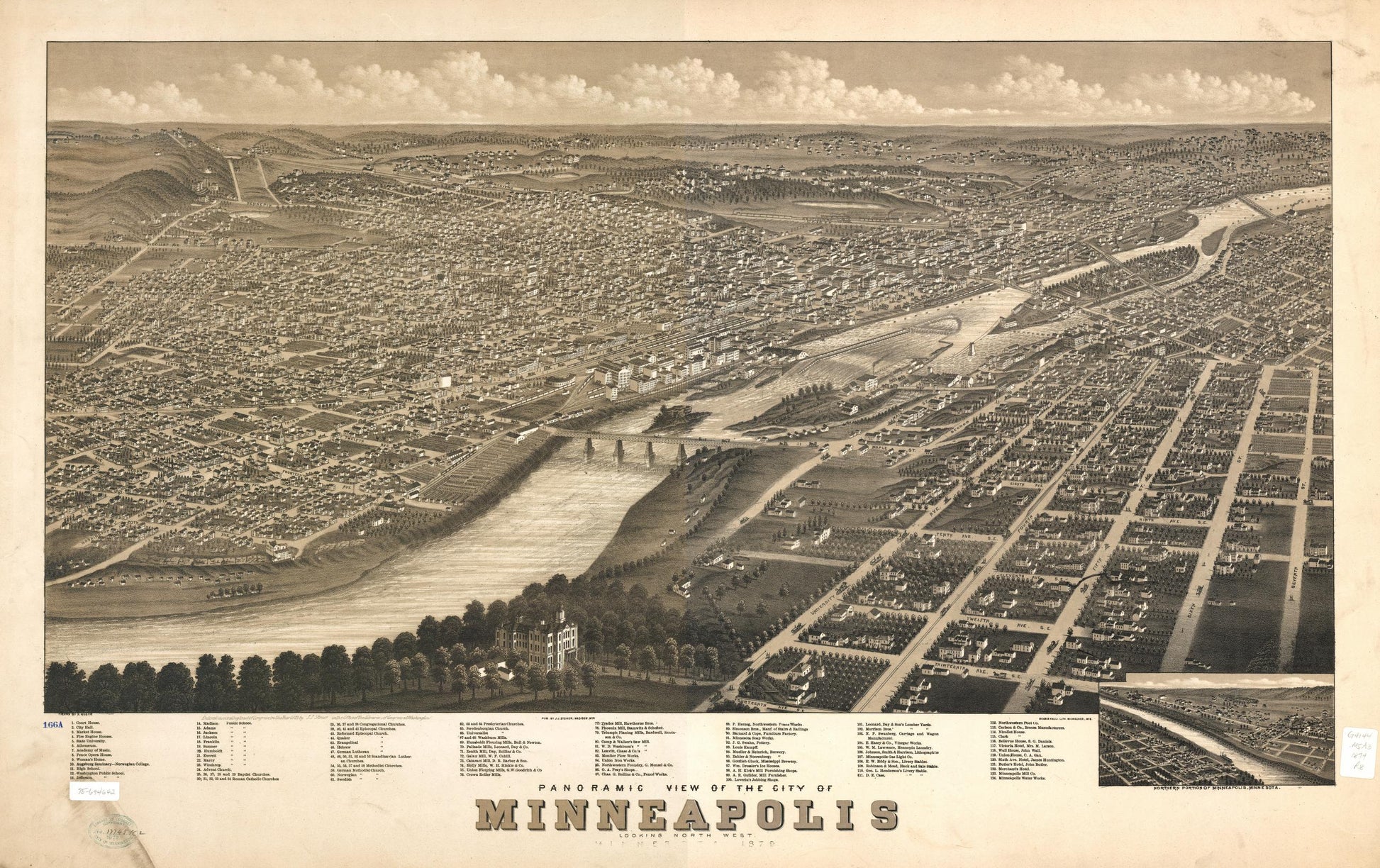 Panoramic view of the city of Minneapolis, Minnesota, 1879. (1879) – Historic Bird’s-Eye View Panorama Print
