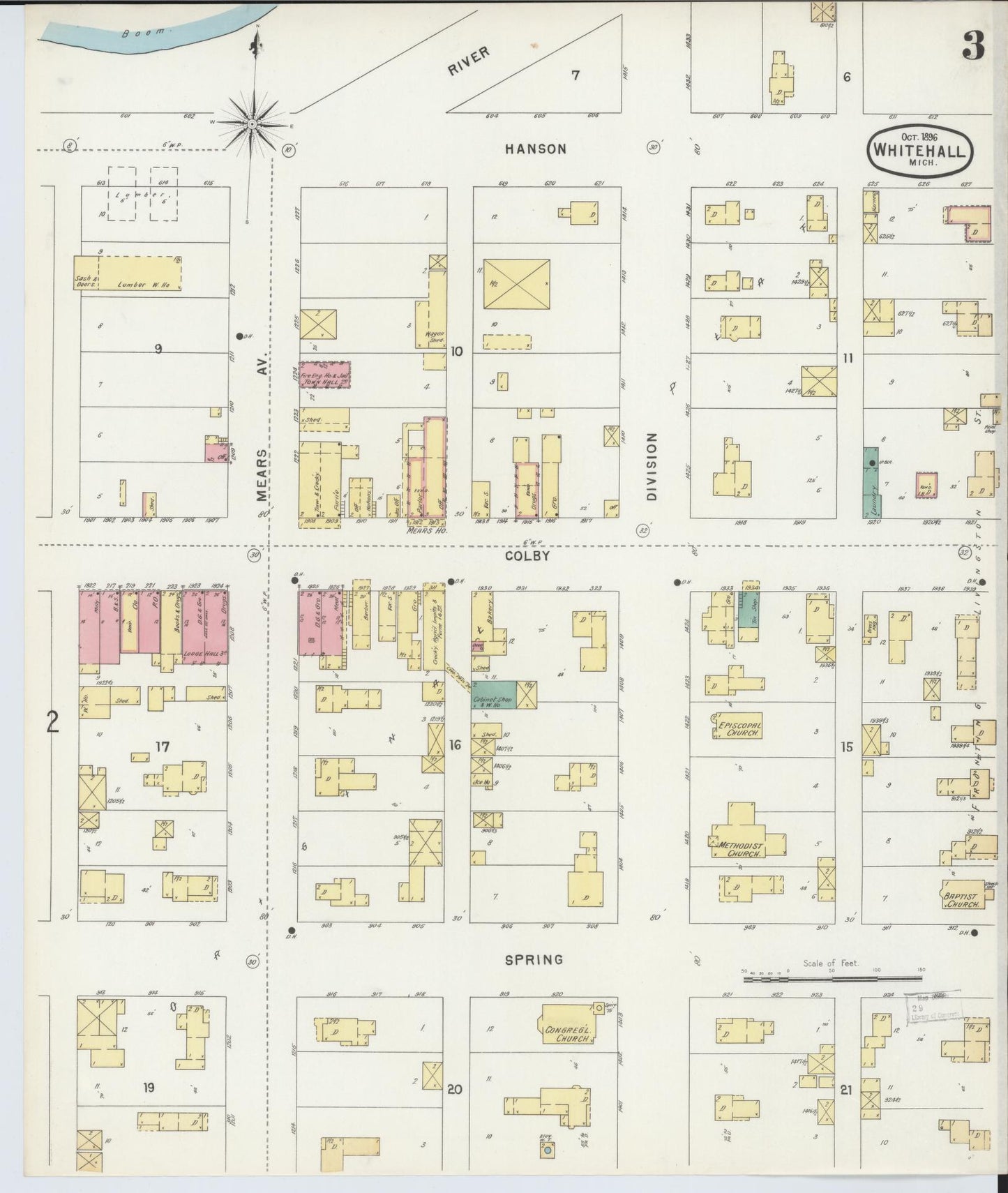 Sanborn Fire Insurance Map from Whitehall, Muskegon County, Michigan (1896), Sheet #0003 - Historic Sanborn Fire Insurance Map Print, vintage old map wall art, antique decor, genealogy gift, Michigan Michigan map