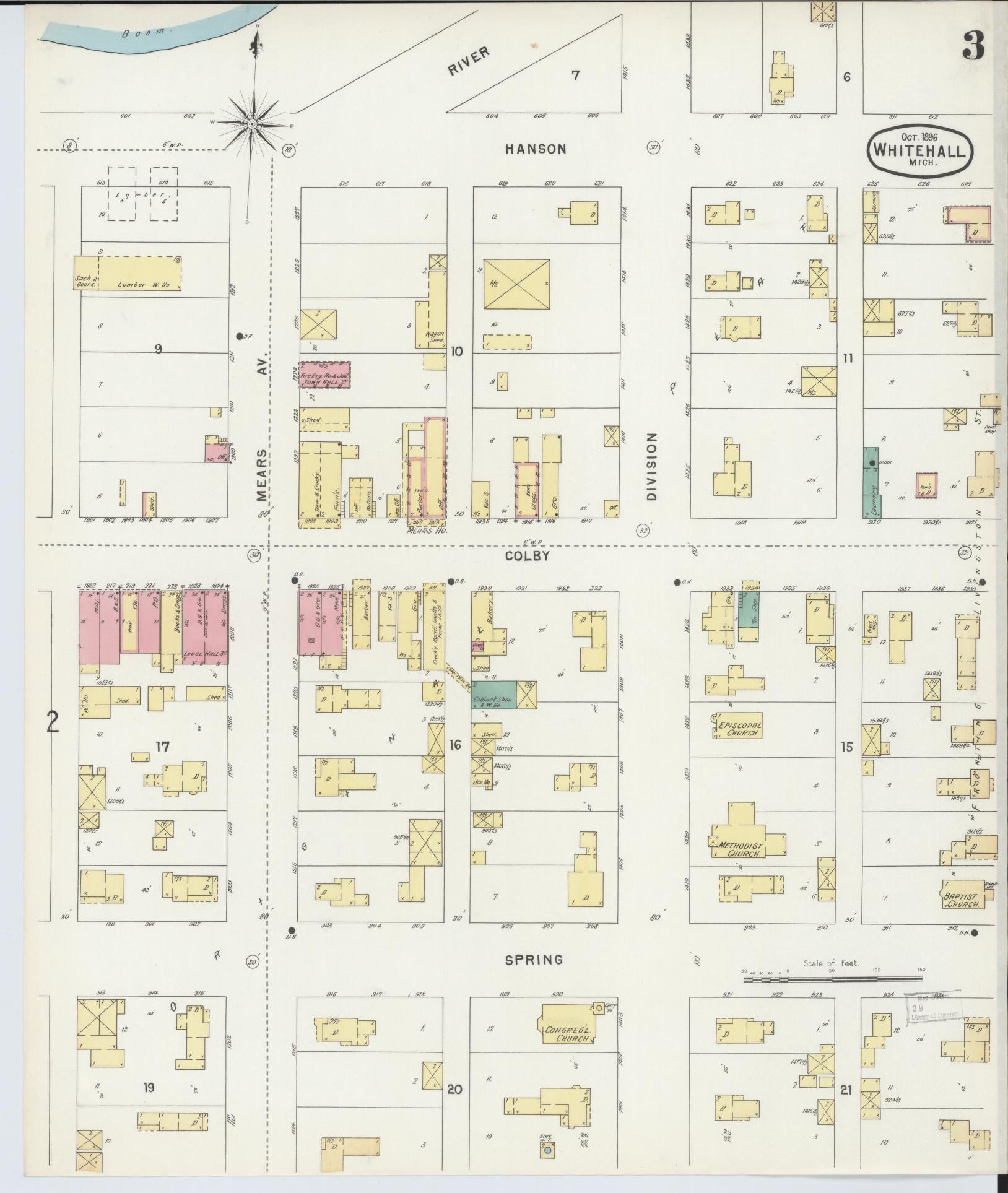 Sanborn Fire Insurance Map from Whitehall, Muskegon County, Michigan (1896), Sheet #0003 - Historic Sanborn Fire Insurance Map Print, vintage old map wall art, antique decor, genealogy gift, Michigan Michigan map