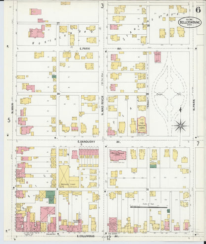 Sanborn Fire Insurance Map from Bellefontaine, Logan County, Ohio (1901), Sheet #0006 - Historic Sanborn Fire Insurance Map Print, vintage old map wall art, antique decor, genealogy gift, Ohio Ohio map
