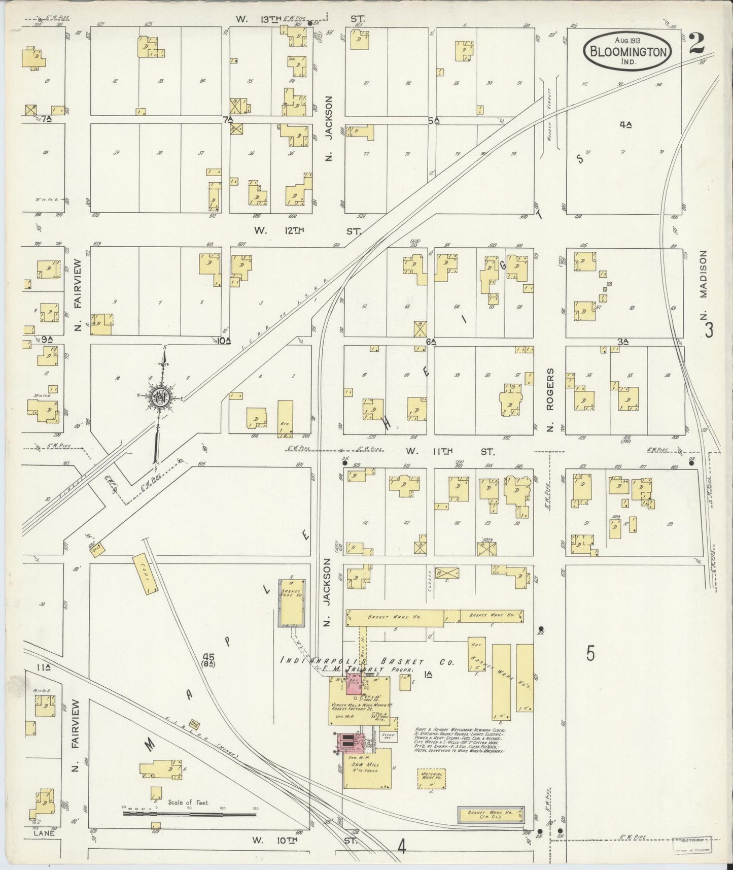 Sanborn Fire Insurance Map from Bloomington, Monroe County, Indiana (1913), Sheet #0002 - Historic Sanborn Fire Insurance Map Print, vintage old map wall art, antique decor, genealogy gift, Indiana Indiana map