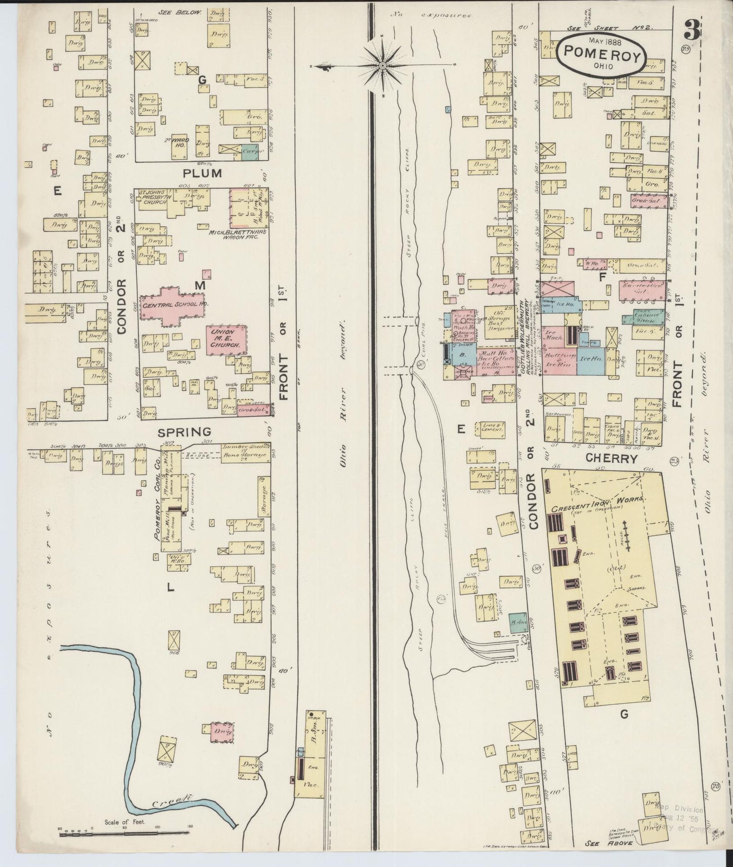 Sanborn Fire Insurance Map from Pomeroy, Meigs County, Ohio (1888), Sheet #0003 - Historic Sanborn Fire Insurance Map Print, vintage old map wall art, antique decor, genealogy gift, Ohio Ohio map