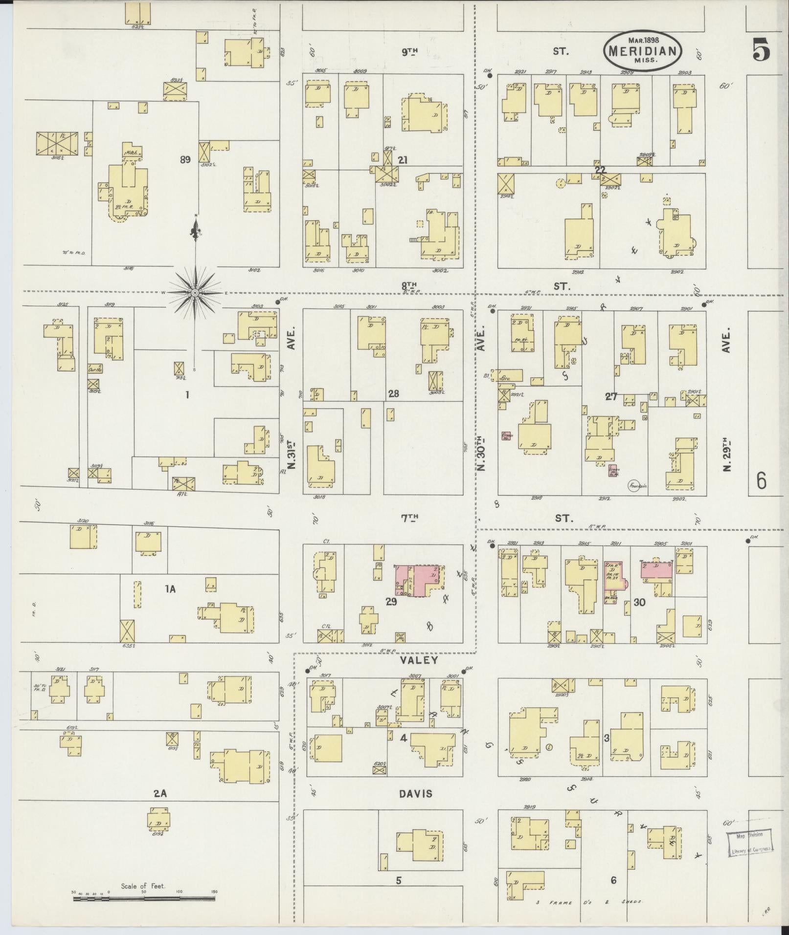 Sanborn Fire Insurance Map from Meridian, Lauderdale County, Mississippi (1898), Sheet #0005 - Historic Sanborn Fire Insurance Map Print, vintage old map wall art, antique decor, genealogy gift, Mississippi Mississippi map