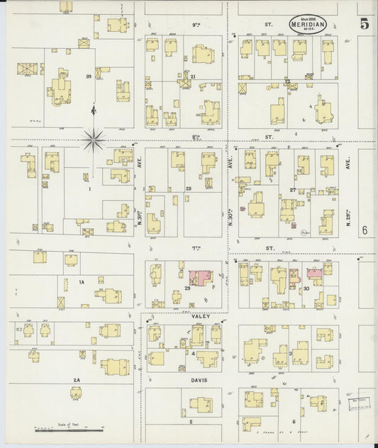 Sanborn Fire Insurance Map from Meridian, Lauderdale County, Mississippi (1898), Sheet #0005 - Historic Sanborn Fire Insurance Map Print, vintage old map wall art, antique decor, genealogy gift, Mississippi Mississippi map