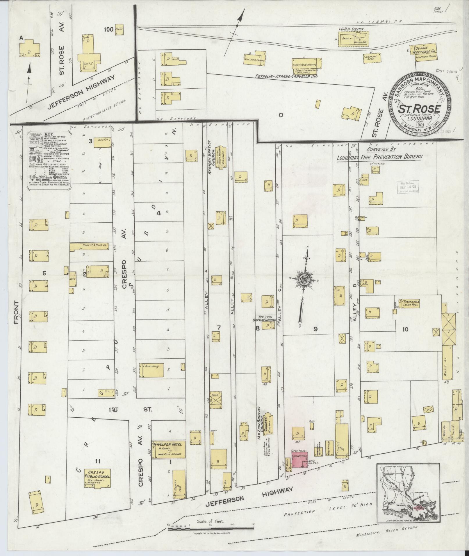 Sanborn Fire Insurance Map from Saint Rose, Saint Charles Parish, Louisiana (1921), Sheet #0001 - Historic Sanborn Fire Insurance Map Print, vintage old map wall art, antique decor, genealogy gift, Louisiana Louisiana map