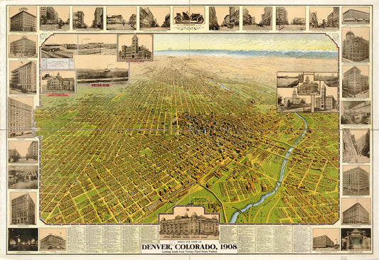 Bird's eye view of Denver, Colorado, 1908. (1908) – Historic Bird’s-Eye View Panorama Print